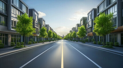 Obraz premium Modern residential area with tree-lined streets, asphalt road, and contemporary apartment buildings with glass windows and concrete facades. 3D rendering illustration for real estate and urban archite