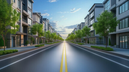 Obraz premium Modern residential area with tree-lined streets, asphalt road, and contemporary apartment buildings with glass windows and concrete facades. 3D rendering illustration for real estate and urban archite
