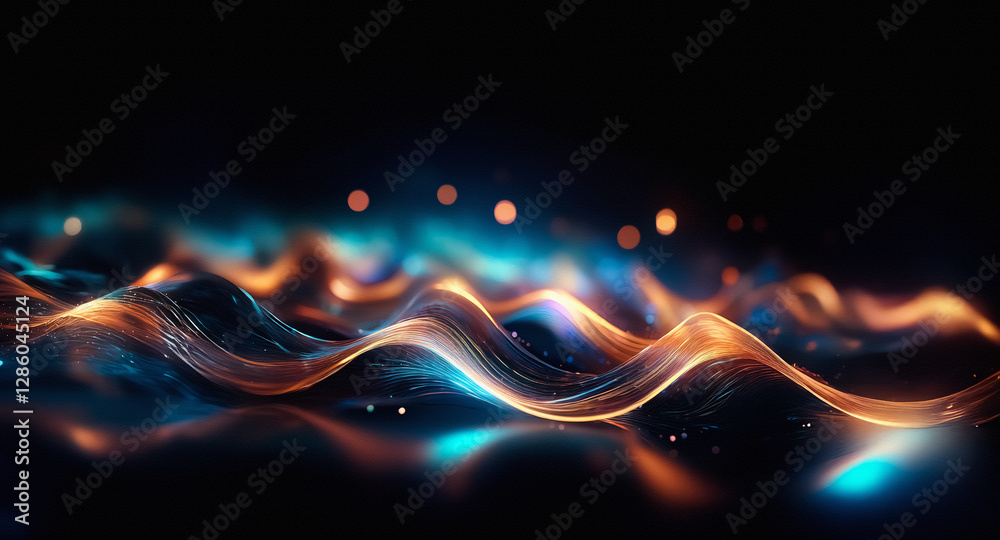 Leinwandbilder Abstract glowing waves of blue and orange light flow across a dark surface, creating a dynamic and ethereal visual effect with shimmering highlights.