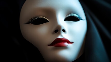 Woman's face is shown in a black and white photo with a red lipstick. The photo has a mysterious and eerie mood, as the woman's face is obscured by a black cloth