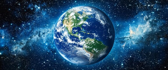 Obraz premium Earth in the Cosmos: An awe-inspiring depiction of our planet, Earth, suspended against a backdrop of a vibrant nebula and glittering stars, conveying the vastness and beauty of the cosmos. 