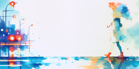 傘をさして雨を凌ぐ少女、水彩画、イラスト、背景、バナー素材、挿絵、