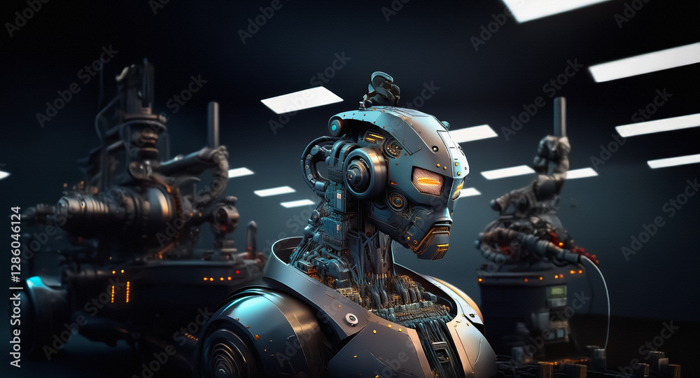 Poster futuristic robots stand in a dim, metallic place. advanced machinery and detailed robotic figures ar