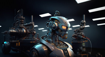 Fototapeta premium Futuristic robots stand in a dim, metallic place. Advanced machinery and detailed robotic figures are visible, showcasing complex technology.