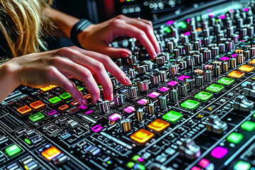 Closeup of female hands expertly adjusting knobs and buttons on a vibrant, colorful audio mixing console.  Dynamic image ideal for music production, sound engineering, and technology themes.