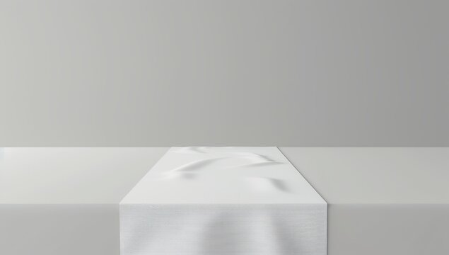 Minimalist Elegance: A pristine, textured runner drapes gracefully across a white surface, against a soft gray backdrop, conveying simplicity and sophistication in this clean composition. 