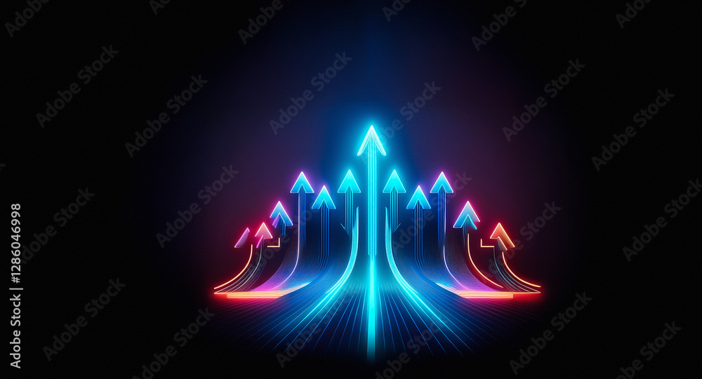 Aufkleber neon arrows illuminate a dark backdrop, pointing upwards with vibrant blue and red hues, symbolizing