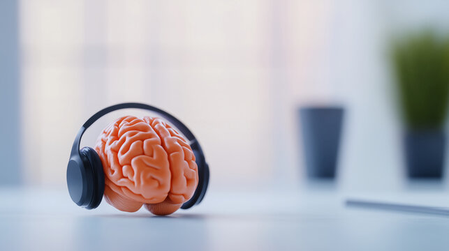 brain model with headphones symbolizes neural connections and audio