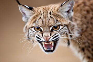 Close-up of a bobcat snarling, showing its sharp teeth and intense stare, against a blurred brown background.