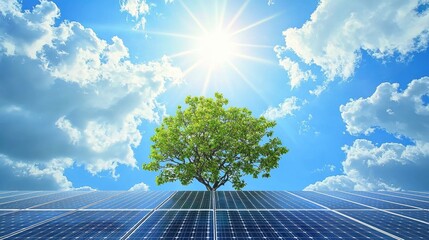 Green Energy,  Solar Panels, Tree, and Sunny Sky