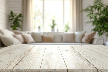 Bright white rectangular wooden table with soft lighting and blurred living room background featuring seating and pillows
