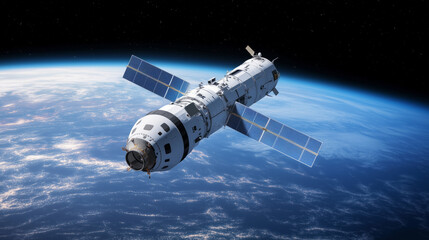 Obraz premium Advanced space station orbiting Earth with solar panels and detailed design