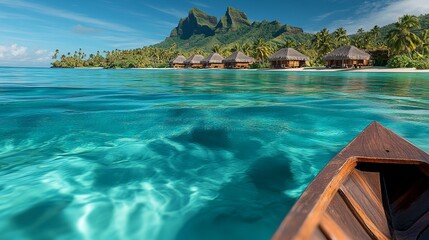 Boat is floating in the ocean near a beach with a view of a resort. The water is calm and clear, and the sky is blue