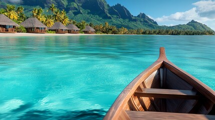 Obraz premium Wooden boat is floating on a calm blue ocean near a beach. The scene is serene and peaceful, with the boat being the only object visible in the water