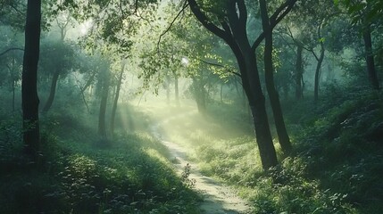 Obraz premium Sunbeams illuminate a misty forest path.