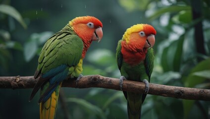 Obraz premium Colorful parrots lovebirds on a tree