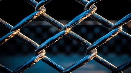 Close up of a chain link fence with a blue tint. The fence is wet and the water droplets are reflecting the light