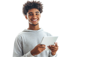 Happy teen boy using tablet.