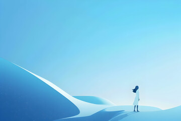 Obraz premium A serene figure in a flowing white garment stands on soft blue dunes under a vast sky