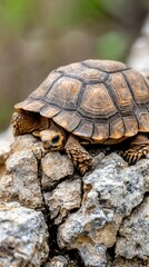 Obraz premium Tortoise on rocks, island nature, blurred background