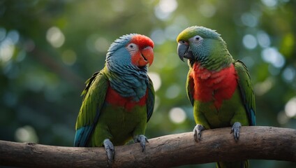 Fototapeta premium Colorful parrots lovebirds on a tree