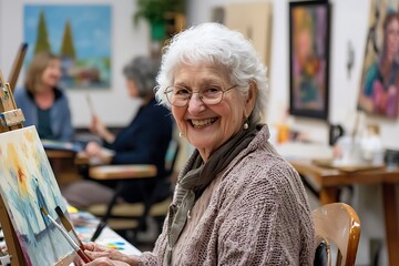 Senior artist enjoying a creative painting session in a studio, surrounded by friends and vibrant artwork.