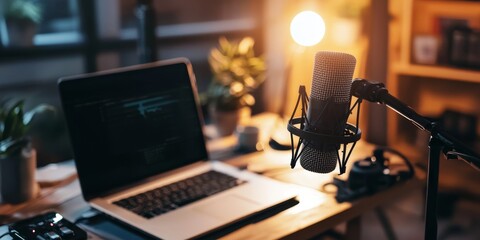 Podcast Studio Setup: A modern podcast setup with a microphone and laptop on a wooden desk, illuminated by soft studio lighting creating an inviting atmosphere for recording.