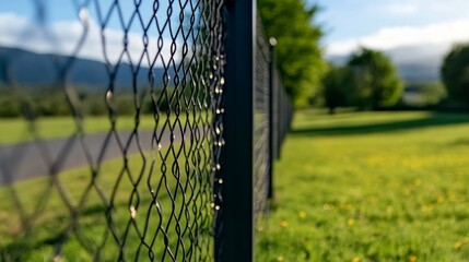 Fototapeta premium Black fence with a wire mesh on it. The fence is in a grassy field with trees in the background