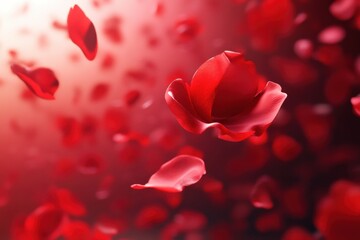 Elegant red rose petals gracefully fall through a soft, dreamy atmosphere, creating a romantic ambiance for any occasion. Generative AI
