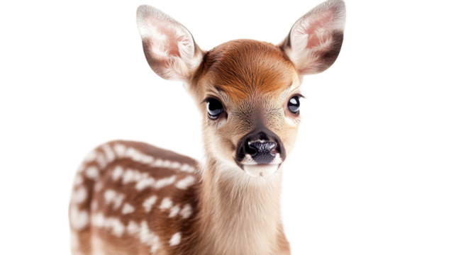 Young fawn gazes curiously into the camera, showcasing its delicate features in a bright, neutral setting