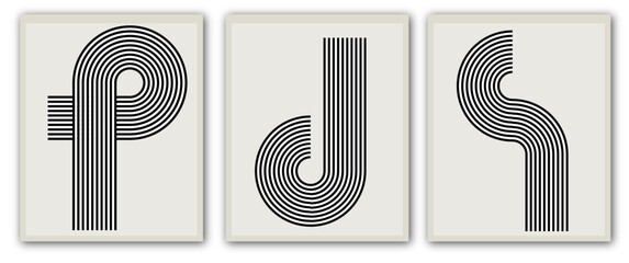 Set of abstract contemporary mid century posters with minimalist retro black and white lines
