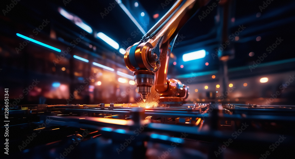 Aufkleber orange robotic arm operates in a factory, creating sparks in a blurred industrial setting with blue 