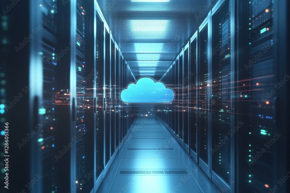 Poster network data flows smoothly through a futuristic server room highlighting cloud computing technology