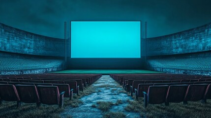 Naklejka premium Cinema blank screen and people in red chairs in the cinema hall