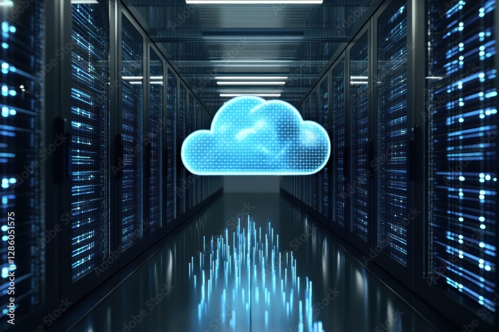 Poster exploring the gateway to digital futures with cloud technology illuminating a data center corridor a
