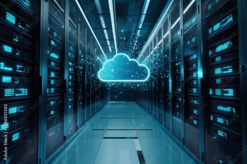 Poster digital transformation in a data center with a luminous cloud symbolizing cloud computing innovation
