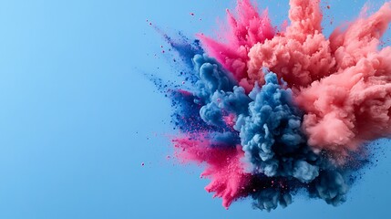 Obraz premium Vibrant Pink and Blue Powder Explosion Against a Sky Blue Background AI Generated