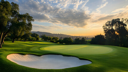 Naklejka premium Golf Course at Sunrise, Beautiful Green and Sand Bunker