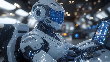 Fototapeta premium Cybernetic Pilot in Cockpit: A futuristic cybernetic pilot, clad in a sleek white and blue suit, navigates the controls of a spacecraft cockpit, blending advanced technology with human-like form.