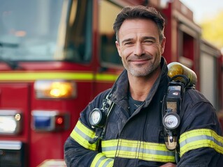 Courageous Protector: A firefighter stands with pride, his smile reflecting unwavering dedication, with a fire engine subtly visible in the background.