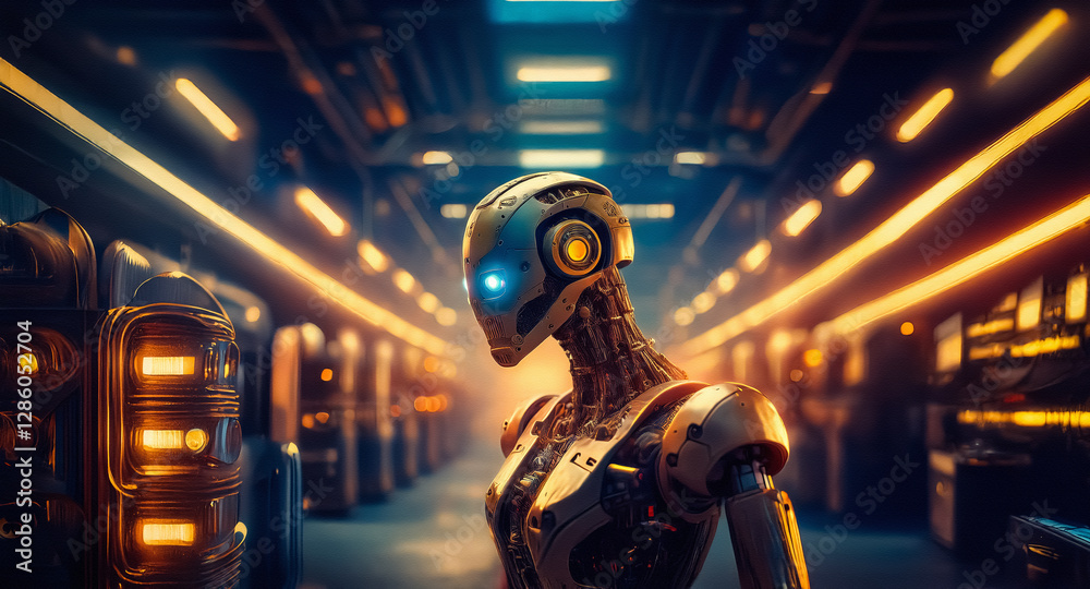 Poster a humanoid robot in a bright, futuristic corridor with glowing neon lights looks away into the dista