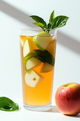 Invigorating Apple Refreshment: A refreshing apple drink garnished with fresh mint and crisp apple slices, presented alongside a whole apple, embodies the essence of refreshment and natural goodness.