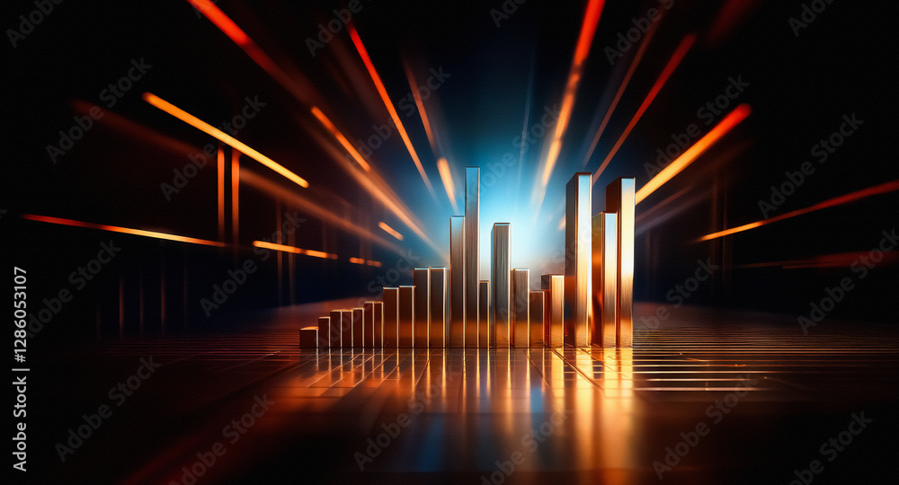 Poster golden bars ascend on a dark stage, illuminated by radiant light streaks. reflective surface creates
