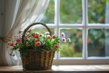 Vibrant Color Image of a Basket of Flowers Sits on a Table in Front of a Window