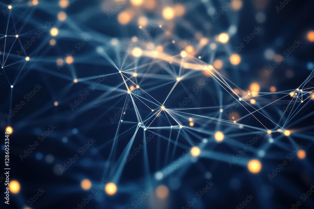 Poster exploring the intricate web of light and connections in a digital landscape at twilight. generative 