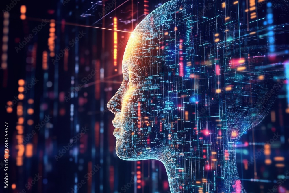 Poster exploring the intersection of technology and humanity with a digital silhouette illuminated by vibra
