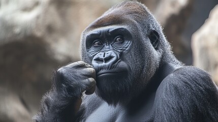 Obraz premium Contemplative Gorilla. Portrait Of A Thoughtful Gorilla, Deep In Thought, Resting Its Chin On Its Fist. Great For Expressing Contemplation.