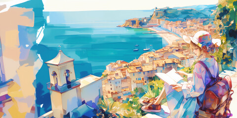 Naklejka premium 旅する少女。水彩画、イラスト、背景、バナー素材、挿絵、