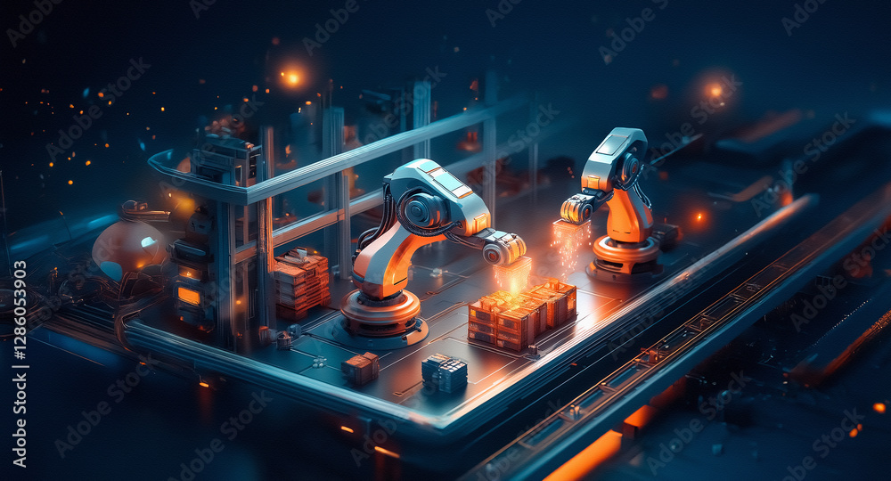 Aufkleber futuristic factory scene featuring robotic arms assembling or manufacturing objects on a conveyor be