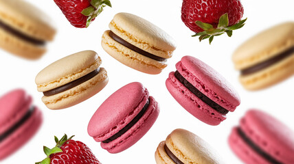 Romantic Display of Macarons with Fresh Strawberries on a Bright Background
